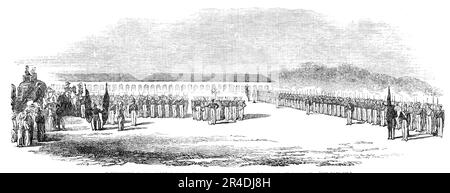 Presentation of New Colours to the 28th Regiment, Bengal Native Infantry, at Umballah, 1856. View of '...the moment the new colours were presented by the Commander-in-Chief to the native officers - the Grenadier Company being in front, and the band on its left. A part of the regiment is seen in line, with the European officers in front at open order. In the background are the barracks of H.M. 9th Lancers. Some of the spectators are on elephants, some on horseback, and the Staff dismounted, &amp;c....the band [changed] to &quot;Taza ba Taza&quot; (an Indian air - very popular with the Sepoys).T Stock Photo
