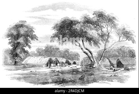 Hill Village in the Santhal Country, 1856. '...it was too soon discovered that this race of men, naturally the most cowardly and harmless of the human race, were all of a sudden turned into the cruelest, boldest, and most bloodthirsty wretches that ever disgraced the face of the earth...troops were sent against them; but, these troops being composed of the natives of a tribe very similar to themselves, they fled upon the first attack of the Santhals. Regular troops were then poured in upon all sides; and, after some fighting and scouring the jungles, hanging the rebels, and capturing the chief Stock Photo