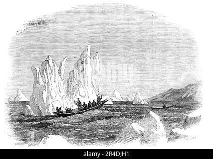 Destruction of a Skin-Boat by the Falling of an Iceberg, 1856. Kayak off the coast of Greenland. 'Boat travelling among the icebergs is not without danger; rotten icebergs frequently fall in pieces with the slightest concussion. One of the native boats, some years since, was passing one of these, when a child merely struck against the side of an iceberg with a stick ; this slight blow was sufficient, the loose masses became detached, the iceberg lost its balance, toppled over, fell into pieces, and destroyed the boat and its hapless crew, composed of women, by whom only these large boats are r Stock Photo