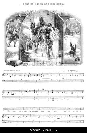 English Songs and Melodies: The Dangers, 1856. Sheet music: '...poetry by Charles Mackay, Air, &quot;Castabella&quot;, the symphonies and accompaniment by Sir H. R. Bishop...0h, child! beware! The treacherous stream runs deep; The ice may glitter fair, Yet be too soft thy weight to bear. Stay, infant, stay! nor tempt the dangerous leap; For winter frost, as thou wilt find, Is often false as summer wind. Fond youth! beware! The glory in thine eyes, Or dream of love so fair, May fade, and leave thee to despair. Stay, young man, stay! be cautious and be wise;For love and glory lure astray, And sc Stock Photo