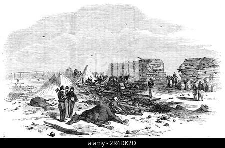 The Morning after the Explosion at Inkerman Mill, 1856. Scene from the Crimean War:. '...the right siege-train in front of the commissariat stores at Inkerman, as it appeared on the morning of the 16th November....it had been ascertained that the Windmill itself, which forms our main magazine in that part of the Camp, and contains some hundred and eighty tons of powder, had escaped...General Straubenzee...asked if any of the men would volunteer to mount the wall...and cover the roof with wet tarpaulins and blankets as a protection against the thickly-flying sparks and burning wood...Whilst...s Stock Photo