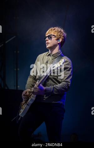 Warrington, Cheshire, UK. 27th May, 2023. UK - The Neighbourhood Weekender Music Festival took place on Saturday and Sunday within Victoria Park. Thousands turned out for the event and basked in the sunshine. The K's performed in the Big Top with Ryan Breslin on guitar. Credit: John Hopkins/Alamy Live News Stock Photo