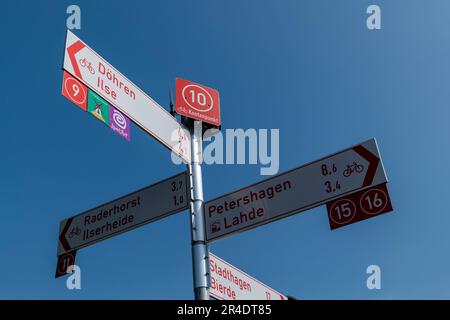 Road sign in Petershagen for bicycle routes Stock Photo