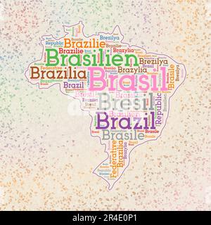 Brazil shape with country names word cloud in multiple languages. Brazil border map on amazing triangles scattered around. Stock Vector