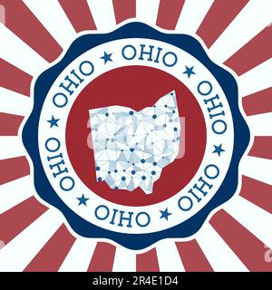 Ohio Badge. Round logo of US state with triangular mesh map and radial rays. EPS10 Vector. Stock Vector