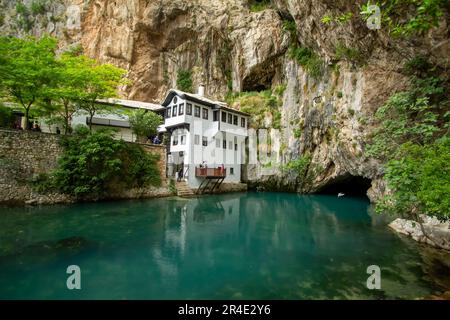 Blagaj lodge, located right next to the mountain where the Buna river comes out. Stock Photo