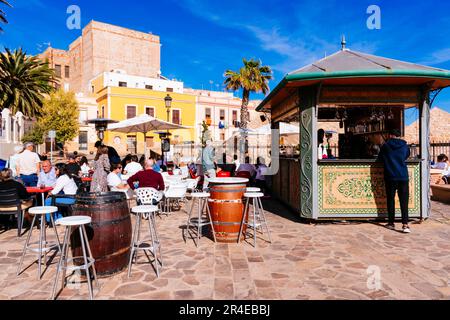 Lively bar with terrace in Plaza de Pedro Estopiñan. First Fortified Enclosure of the Spanish citadel Melilla la Vieja, in Melilla. Melilla, Ciudad Au Stock Photo