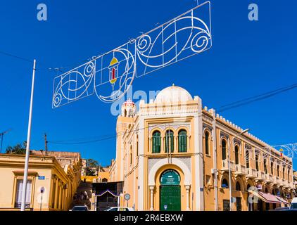 Street decorated for the celebration of Ramadan. The Central Mosque, or aljama mosque, is the largest in the Spanish city of Melilla. Located in the M Stock Photo