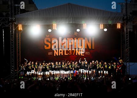 Prague, Czech Republic. 27th May, 2023. Sparta Praha footballers won the first division title after nine years and celebrate in Prague, Czech Republic, May 27, 2023. Credit: Ondrej Deml/CTK Photo/Alamy Live News Stock Photo