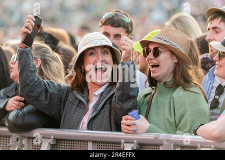 Fans watch The 1975 performing on the main stage during BBC Radio 1's Big Weekend at Camperdown Park in Dundee. Picture date: Saturday May 27, 2023. Stock Photo