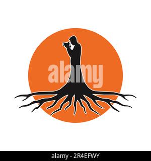 Silhouette of a photographer with Roots and camera on the background of the Sun. Vector illustration Stock Vector