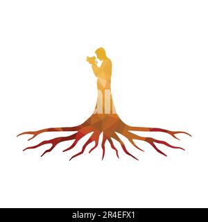 Man Photographer silhouette with roots. Vector illustration of human silhouette with roots. Stock Vector