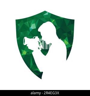 Photographer with camera on green polygonal shield. Vector illustration. Stock Vector