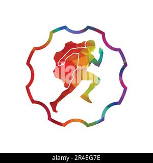 Running man designed using polygonal style graphic vector. Human body silhouette with gear icon. Stock Vector