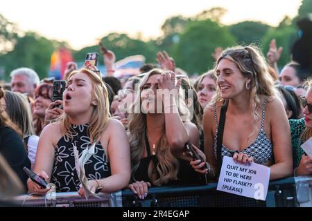 Fans watch The 1975 performing on the main stage during BBC Radio 1's Big Weekend at Camperdown Park in Dundee. Picture date: Saturday May 27, 2023. Stock Photo