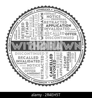 WITHDRAWN word image. Withdrawn concept with word clouds and round text. Nice colors and grunge texture. Astonishing vector illustration. Stock Vector