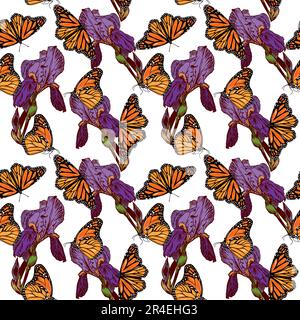 Orange monarch butterfly and purple iris flowers. Vector seamless pattern with butterflies and irises. Design of textiles, covers, clothes. Stock Vector