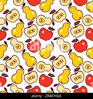 Red apples and yellow pears. Seamless vector pattern with fruits. Design of textiles, clothes, covers, wrapping paper. Stock Vector