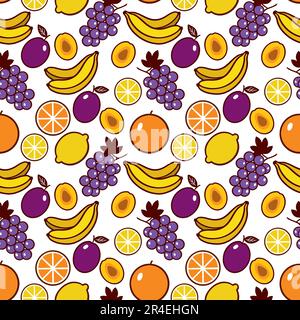 Grapes, bananas, lemons, oranges, plums. Seamless vector pattern with fruits. Design of textiles, clothes, covers, wrapping paper. Stock Vector