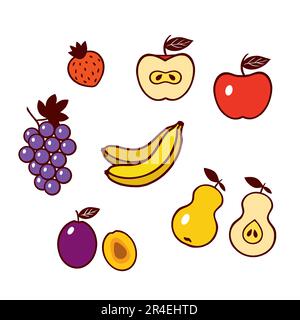 Bananas, pears, apples, strawberries, grapes, plums. Vector set of fruits. Design elements for food labels, wrapping paper, covers, textiles. Stock Vector