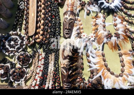 Tourist Souvenir Gift Shop Detail Hanga Roa, Rapa Nui Easter Island Chile. Decoration Carving Craft Variety Native Jewelry Wooden Moai Sculpture Heads Stock Photo