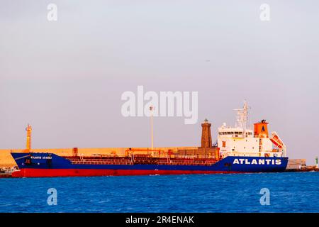 Atlantis Araceli ship docked in the port of Melilla, is a Oil/Chemical Tanker that was built in 2008 and is sailing under the flag of Malta. Melilla, Stock Photo