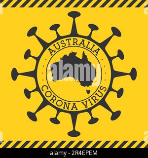 Corona virus in Australia sign. Round badge with shape of virus and Australia map. Yellow country epidemy lockdown stamp. Vector illustration. Stock Vector