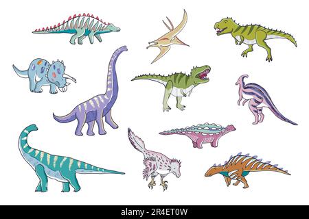 Dinosaurs with flowers vector doodle illustrations set Stock Vector ...
