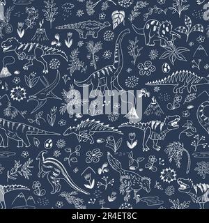 Dinosaurs with flowers ornament vector seamless pattern. Stock Vector