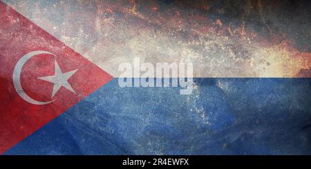 Top view of retro flag Mersing, Johor Malaysia with grunge texture. Malaysian travel and patriot concept. no flagpole. Plane layout, design. Flag back Stock Photo