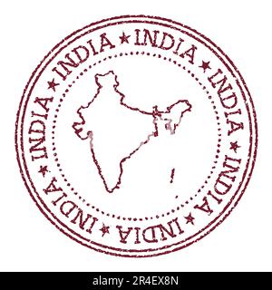 India round rubber stamp with country map. Vintage red passport stamp with circular text and stars, vector illustration. Stock Vector
