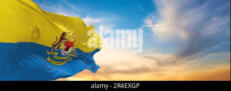 official flag of Personal standard of Deputy Yang di-Pertuan Agong Malaysia at sky background , panoramic view. Malaysian travel and patriot concept. Stock Photo