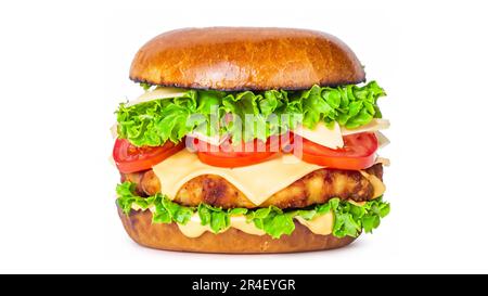 Crispy deep Fried Chicken Burger with cheese, tomato, lettuce, pickles and mayonnaise isolated on white background Stock Photo