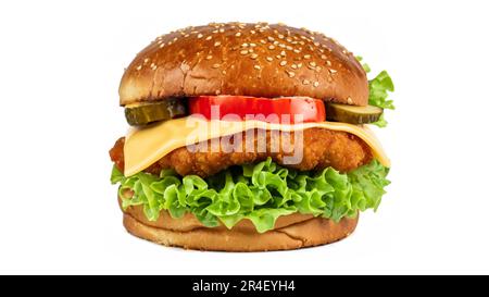 Crispy deep Fried Chicken Burger with cheese, tomato, lettuce, pickles and mayonnaise isolated on white background Stock Photo