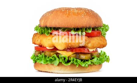 Crispy deep Fried Chicken Burger with cheese, tomato, lettuce, pickles and mayonnaise isolated on white background Stock Photo