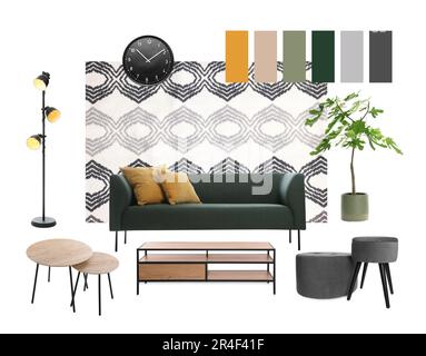 Stylish interior design. Different decorative elements and furniture on white background. Mood board collage Stock Photo