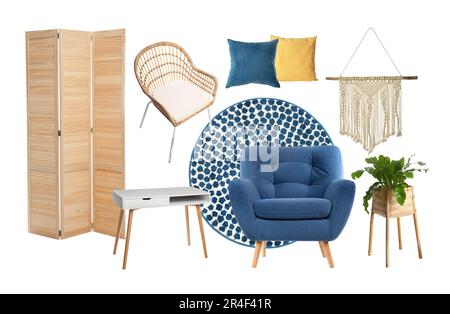 Stylish interior design. Different decorative elements and furniture on white background. Mood board collage Stock Photo