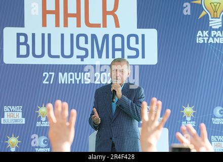 Istanbul, Turkey. 27th May, 2023. Turkey's President Recep Tayyip Erdogan speaks at his final election campaign rally of the second round of the election campaign on May 27, 2023 in Istanbul, Turkey. President Erdogan and his rival Kemal Kilicdaroglu of the Republican People's Party (CHP), were forced into a runoff election when both of them couldn't received more than 50 percent of the vote on the May 14 election. The runoff vote will be held on Sunday, May 28. Photo by Turkish President Press Office/ Credit: UPI/Alamy Live News Stock Photo