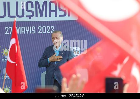 Istanbul, Turkey. 27th May, 2023. Turkey's President Recep Tayyip Erdogan speaks at his final election campaign rally of the second round of the election campaign on May 27, 2023 in Istanbul, Turkey. President Erdogan and his rival Kemal Kilicdaroglu of the Republican People's Party (CHP), were forced into a runoff election when both of them couldn't received more than 50 percent of the vote on the May 14 election. The runoff vote will be held on Sunday, May 28. Photo by Turkish President Press Office/ Credit: UPI/Alamy Live News Stock Photo