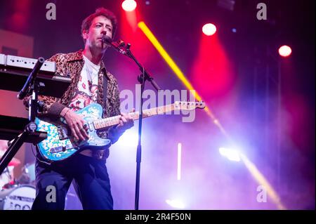 Warrington, UK. 27th May 2023. The Wombats headline the big top at NBHD Weekender Festival 2023,  Credit:  Gary Mather/Alamy Live News Stock Photo