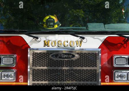 Moscow, ID, USA - May 23, 2023; Close up of front of Moscow Idaho fire truck with name and helmet Stock Photo