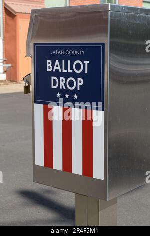 Moscow, ID, USA - May 23, 2023; Ballot drop box for Latah County in Moscow Idaho Stock Photo