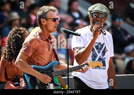 French singer and former tennis player Yannick NOAH with former Swedish tennis player Mats WILANDER perform on stage during a concert at Roland-Garros 2023, Grand Slam tennis tournament, Previews on May 27, 2023 at Roland-Garros stadium in Paris, France - Photo: Matthieu Mirville/DPPI/LiveMedia Stock Photo