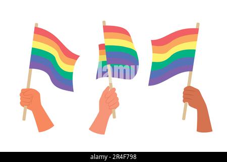Set of Hands Holding LGBT Rainbow Flags for Gay Pride Concept Illustration Stock Vector