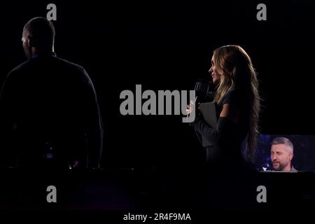 AO Arena, Manchester, UK. 27th May, 2023. WBA Featherweight Championship Boxing; Mauricio Lara versus Leigh Wood; TV presenter Laura Woods working for Dazn Credit: Action Plus Sports/Alamy Live News Stock Photo