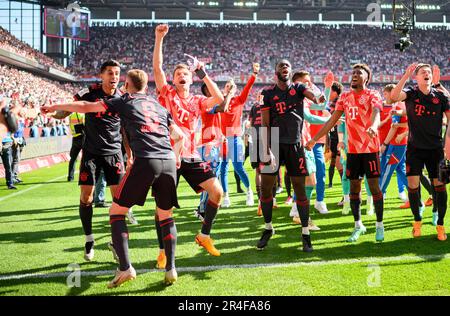 final jubilation M, the players dance and celebrate in front of the fans, left to right Joao CANCELO (M), Joshua KIMMICH (M), Thomas MUELLER (Muller, M), Dayot UPAMECANO (M), Kingsley COMAN (M), Benjamin PAVARD (M) Soccer 1st Bundesliga, 34th matchday, FC Cologne (K) - FC Bayern Munich (M) 1: 2, on May 27th, 2023 in Koeln/ Germany. #DFL regulations prohibit any use of photographs as image sequences and/or quasi-video # Stock Photo