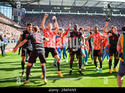 final jubilation M, the players dance and celebrate in front of the fans, left to right Joao CANCELO (M), Joshua KIMMICH (M), Thomas MUELLER (Muller, M), Dayot UPAMECANO (M), Kingsley COMAN (M), Benjamin PAVARD (M) Soccer 1st Bundesliga, 34th matchday, FC Cologne (K) - FC Bayern Munich (M) 1: 2, on May 27th, 2023 in Koeln/ Germany. #DFL regulations prohibit any use of photographs as image sequences and/or quasi-video # Stock Photo