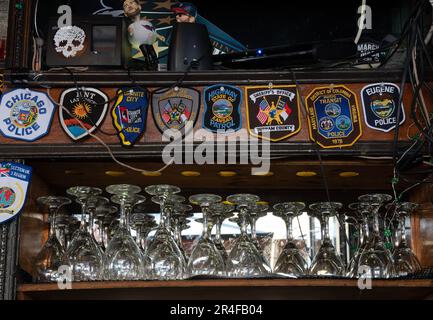 Memorabilia behind a bar counter Stock Photo