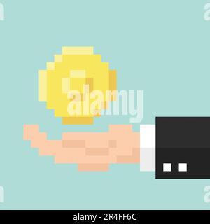 Hand giving money coin, icon for business design. Pixel 8 bit style Stock Vector