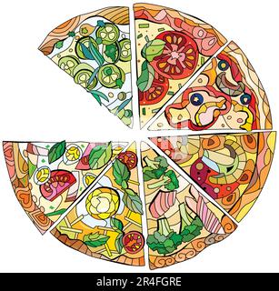 Pizza slices in decorative style on white background. Isolated vector illustration. Restaurant icon set. Pizza consisting of seven slices Stock Vector